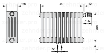 Схема (чертеж) Радиатор Zehnder Charleston 4055/11 №V008 Белый глянцевый RAL 9016